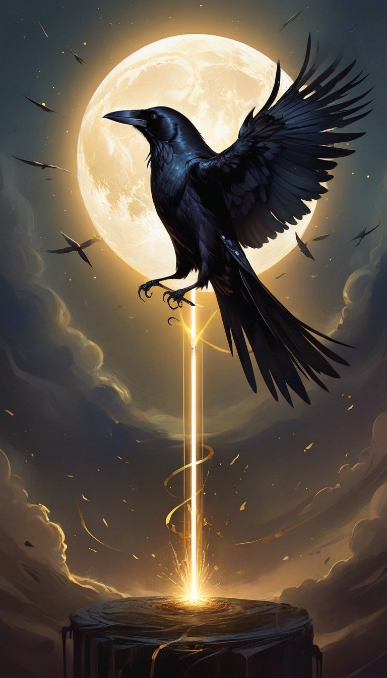 impactful and captivating tarot art painting of a crow hit by a golden arrow falling from the sky in front of a halo-like full moon shape. Gold and black metal. Concept art with rough texture and 2D abstraction inspired by styles like Anato Finnstark, Casper Konefal, Godmachine, and Olly Moss. Inspired by tarot art, Artstation, sots art, Valentina Remenar, Benjamin Vnuk, album artwork, artbook artwork. Influenced by Beth Cavener, Glen Keane, and Charlie Bowater, CGSociety. Beautiful dark fantasy horror. Detailed digital illustration, character design.