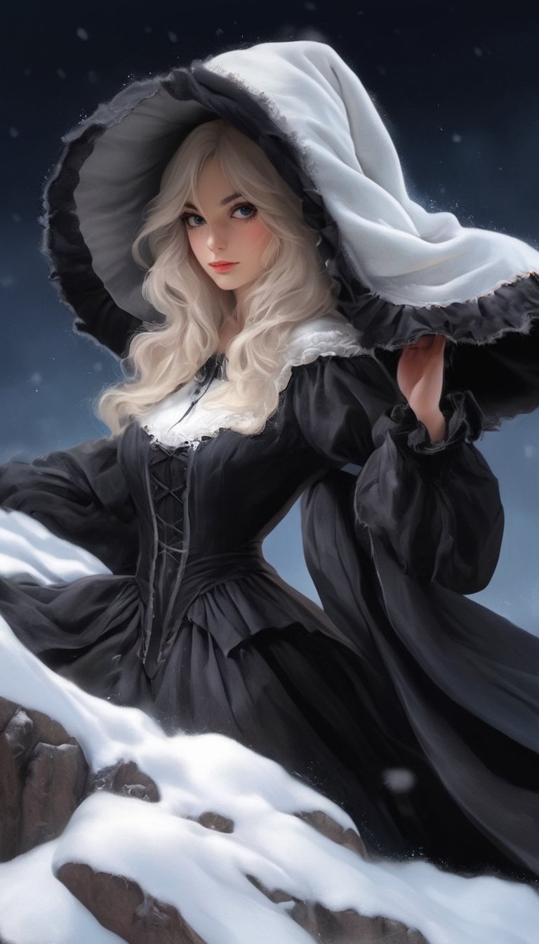 ((Ultra-detailed)) portrait of a beautiful wintermelancholia witch walking through the snow, leaving footprints in the snow, wispy skirt hem dragging through the snow, wearing a \(inkycapwitchyhat\) with white drips on the brim, detailed exquisite face,hourglass figure,model body,playful smirks,(dreamy opalescent snow shimmer, snow particles)
BREAK
(backdrop: a dreamy winter wonderland, castle ruins covered in snow, distant building with lights in the windows)
BREAK
Ultra-Detailed,(sharp focus,high contrast:1.2),8K,trending on artstation,cinematic lighting, abigail larson and magali villeneuve, by Karol Bak,Alessandro Pautasso and alberto seveso, Hayao Miyazaki, todd lockwood, sabbas apterus and yoshitska amano, rob gonsalves winter art, inkycapwitchyhat,photo_b00ster,real_booster,w1nter res0rt