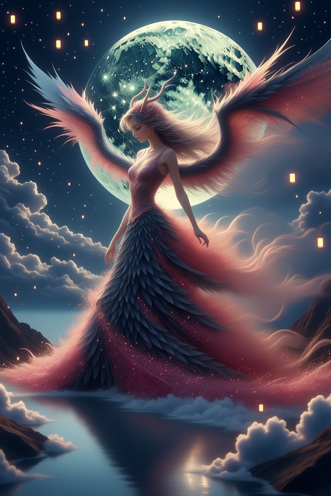 Dragongirl, elegant, intricate horns, beautiful scales, feathered wings, long scaled skirt, dreamy night, moon, ocean, long shot, DragonConfetti2024_XL,detailmaster2,Decora_SWstyle,,,,,Movie Still,,,<lora:659095807385103906:1.0>