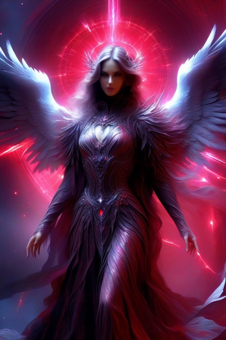 create fallen archangel,detailed angel wins, bloodlust, red glowy eyes, eerie, creepy, nightmarish, very bright colors, light particles, wallpaper art, cosmic energy,high detailed,Decora_SWstyle