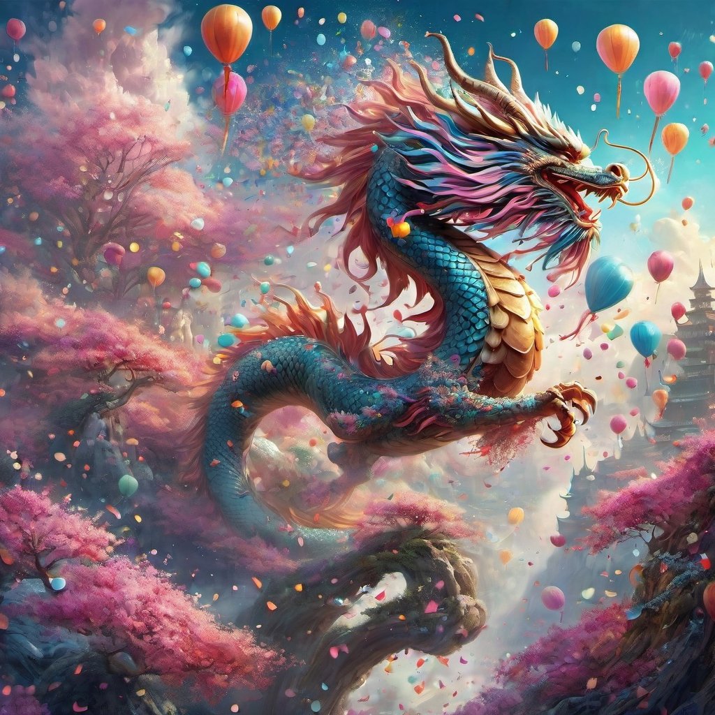 in dreamy soft hues, aesthetic fantasycore art, "cute adorable confetti cloud chinese-dragon, confetti falling" fairytale concept art, by Alberto Seveso, Cyril Rolando, Dan Mumford, Carne Griffiths, Meaningful Visual Art, Detailed Strange Painting, Digital Illustration, Unreal Engine 5, 32k maximalist, hyperdetailed fantasy art, 3d digital art, sharp focus, masterpiece, fine art, impossible dream,DragonConfetti2024_XL