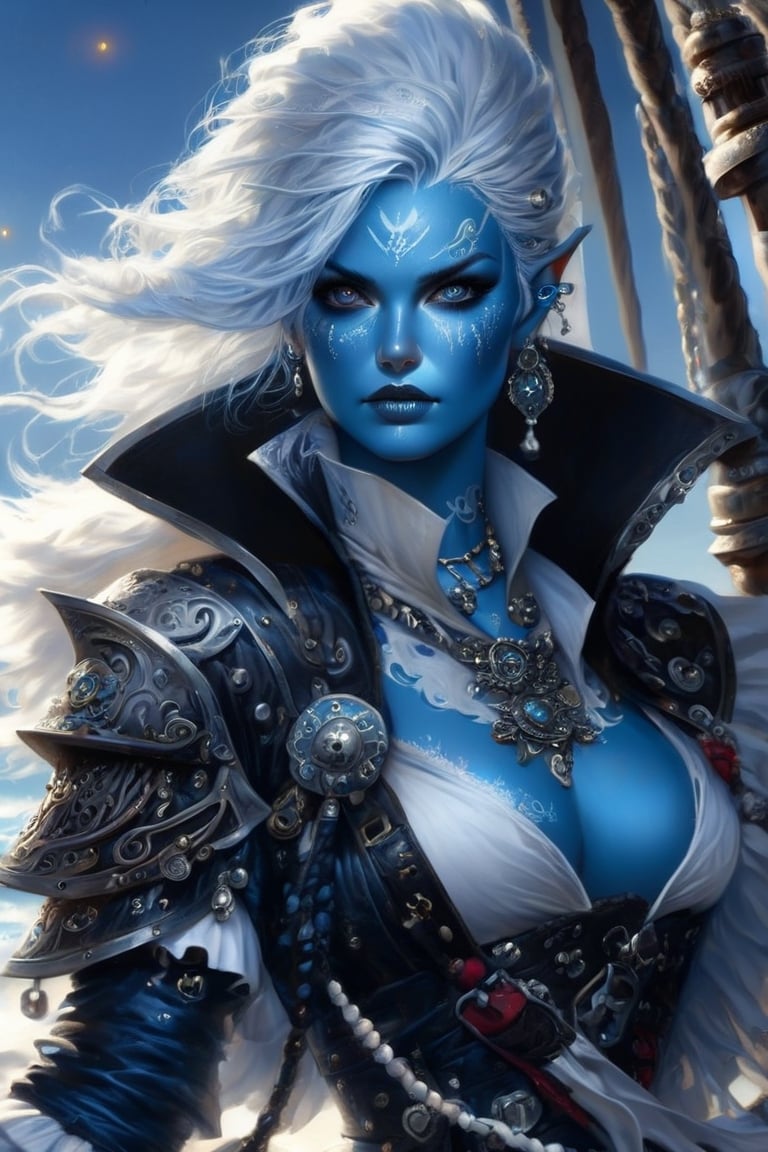 1woman, air genasi character, blue skin, aetherpunk pirate on a pirate ship, pirate outfit, pirate captain hat, glitter, white silvery hair, fine lines, ornate, aetherpunk setting, detailed setting, realistic anatomy, hyperreal, stunning, mystical, high contrast. Action, energy, flowing movement, sharp focus, intense eyes, (Masterpiece, epic, best quality:1.2), 16k,AirGenasiSW24,Decora_SWstyle,more detail XL,real_booster,eyes shoot