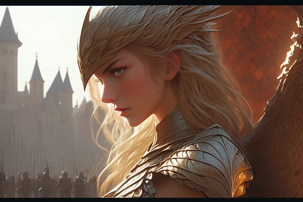 "Dark romance fantasy, close up of a woman with sword wearing dragon bone armor standing above a city, an army looking up at her, embers", bones, ribcage style armor, eldritch, dracolich-like armor, wavy golden dark blonde hair, Masterpiece, Intricate, Insanely Detailed, Art by lois van baarle, todd lockwood, chris rallis, anna dittmann, Kim Jung Gi, Gregory Crewdson, Yoji Shinkawa, Guy Denning, smooth, natural Chiaroscuro, subsurface scattering vfx, actionpainting, best quality, smooth finish, masterpiece,DracolichXL24,art_booster,LegendDarkFantasy,ellafreya,renny the insta girl,real_booster,oil paint 