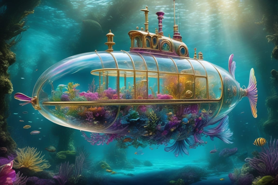 dreamscape a fully transparent Majestic glass tiny_submarine filled with,  award winning,  concept design by SometimesWitc...