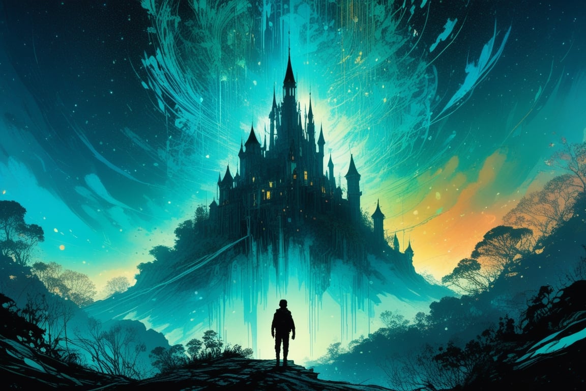 Silhouette of an explorer looking at a Castle in the sky, graphic novel, bioluminescent_nebula_glow | key visual| intricate detail| highly detailed| breathtaking| vibrant| panoramic| cinematic| Carne Griffiths| Conrad Roset| Makoto Shinkai,d1p5comp_style