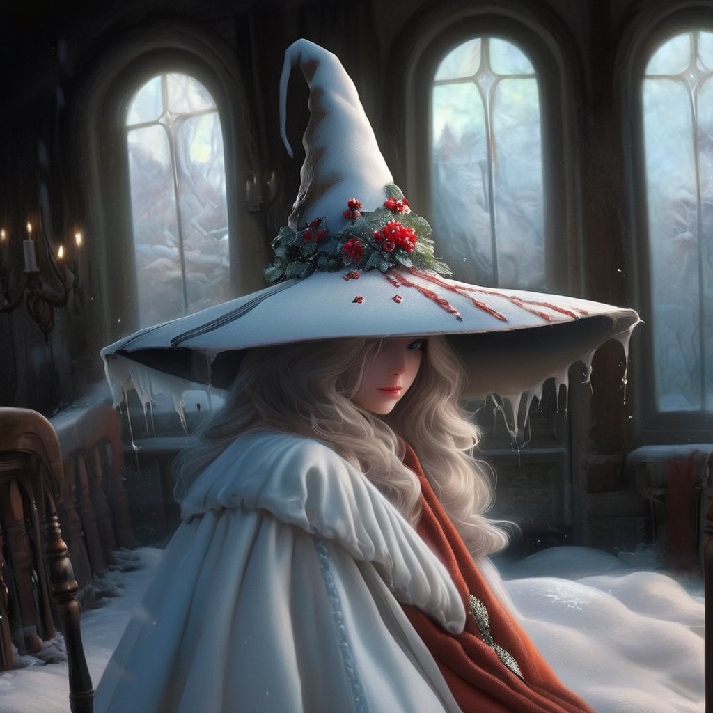 ((Ultra-detailed)) portrait of a beautiful wintermelancholia witch walking through the snow, leaving footprints in the snow, wispy skirt hem dragging through the snow, wearing a \(inkycapwitchyhat\) with white drips on the brim, detailed exquisite face,hourglass figure,model body,playful smirks,(dreamy opalescent snow shimmer, snow particles)
BREAK
(backdrop: a dreamy winter wonderland, castle ruins covered in snow, distant building with lights in the windows)
BREAK
Ultra-Detailed,(sharp focus,high contrast:1.2),8K,trending on artstation,cinematic lighting, abigail larson and magali villeneuve, by Karol Bak,Alessandro Pautasso and alberto seveso, Hayao Miyazaki, todd lockwood, sabbas apterus and yoshitska amano, rob gonsalves winter art, inkycapwitchyhat,photo_b00ster,real_booster,w1nter res0rt