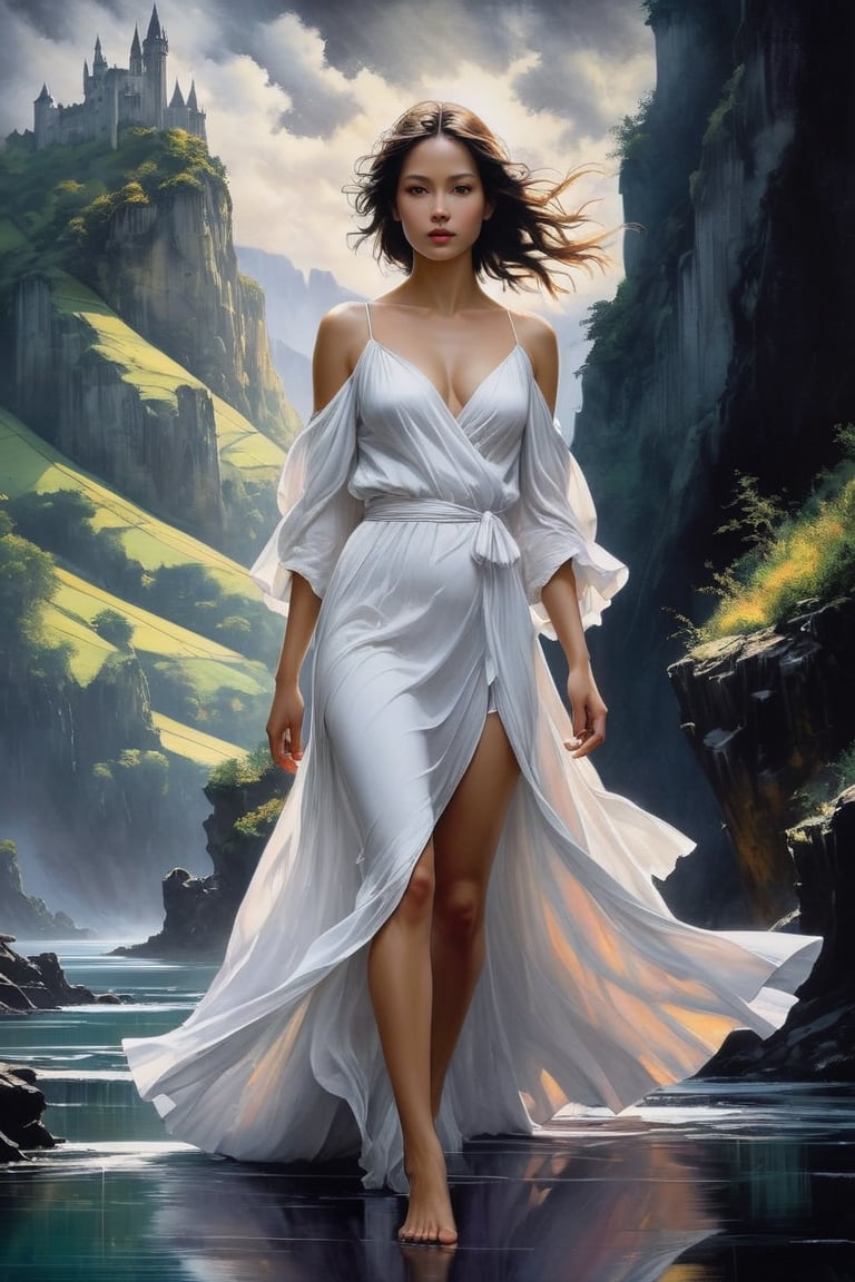 ""Dark romance fantasy,  a angelic woman wearing a white loose dress is walking towards the viewer,  full body head to toe...
