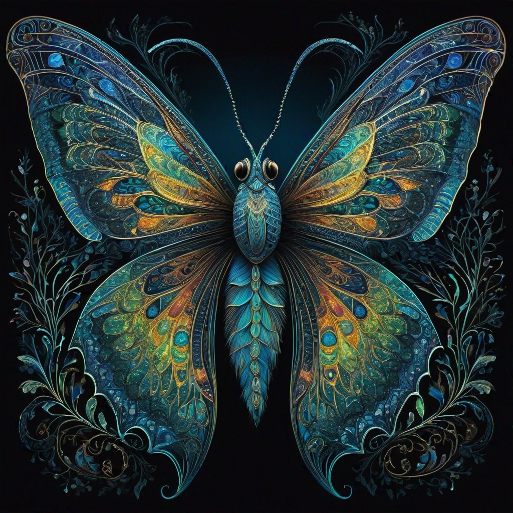 In a mesmerizing concept art piece, a majestic, endangered creature of enchantment comes to life. Through intricate line art, a mythical bioluminescent species is portrayed, its delicate and luminous features captured in stunning detail. The exquisite painting showcases a harmonious blend of vibrant hues and delicate tracery, illuminating the intricate patterns that adorn the creature's iridescent wings. Its large, soulful eyes glow with a captivating otherworldly radiance, accentuated by its velvety midnight-black fur that seems to absorb and reflect light simultaneously. This extraordinary image invites viewers to witness the ethereal beauty of this rare species, subtly hinting at the urgency to protect and preserve such magical wonders of the natural world.