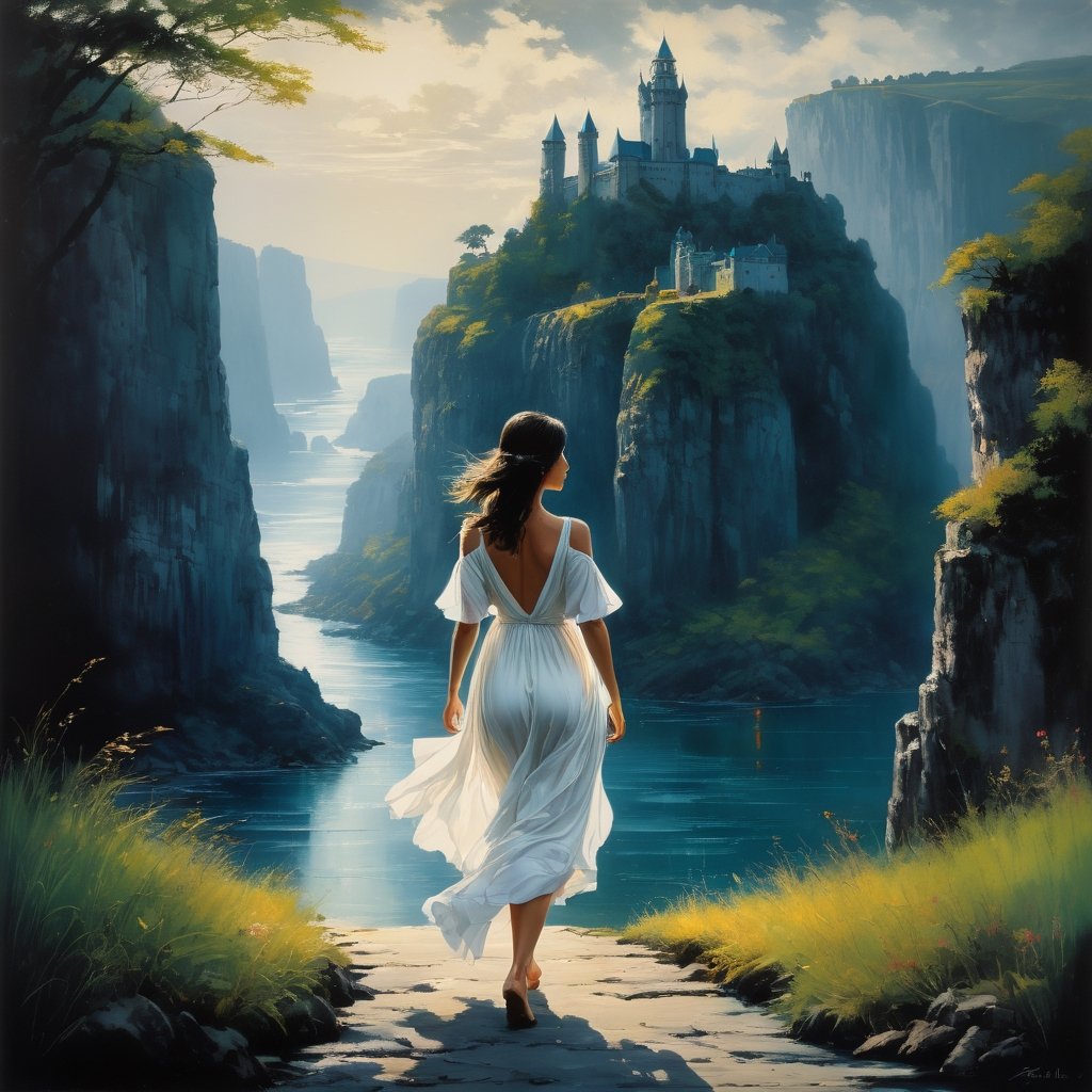 ""Dark romance fantasy,  a angelic woman wearing a white loose dress is walking towards the viewer,  full body head to toe...