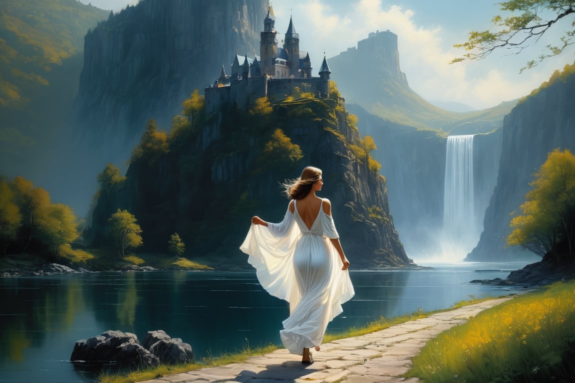 ""Dark romance fantasy,  an angelic mature woman wearing a white loose dress is walking towards the viewer!! full body hea...