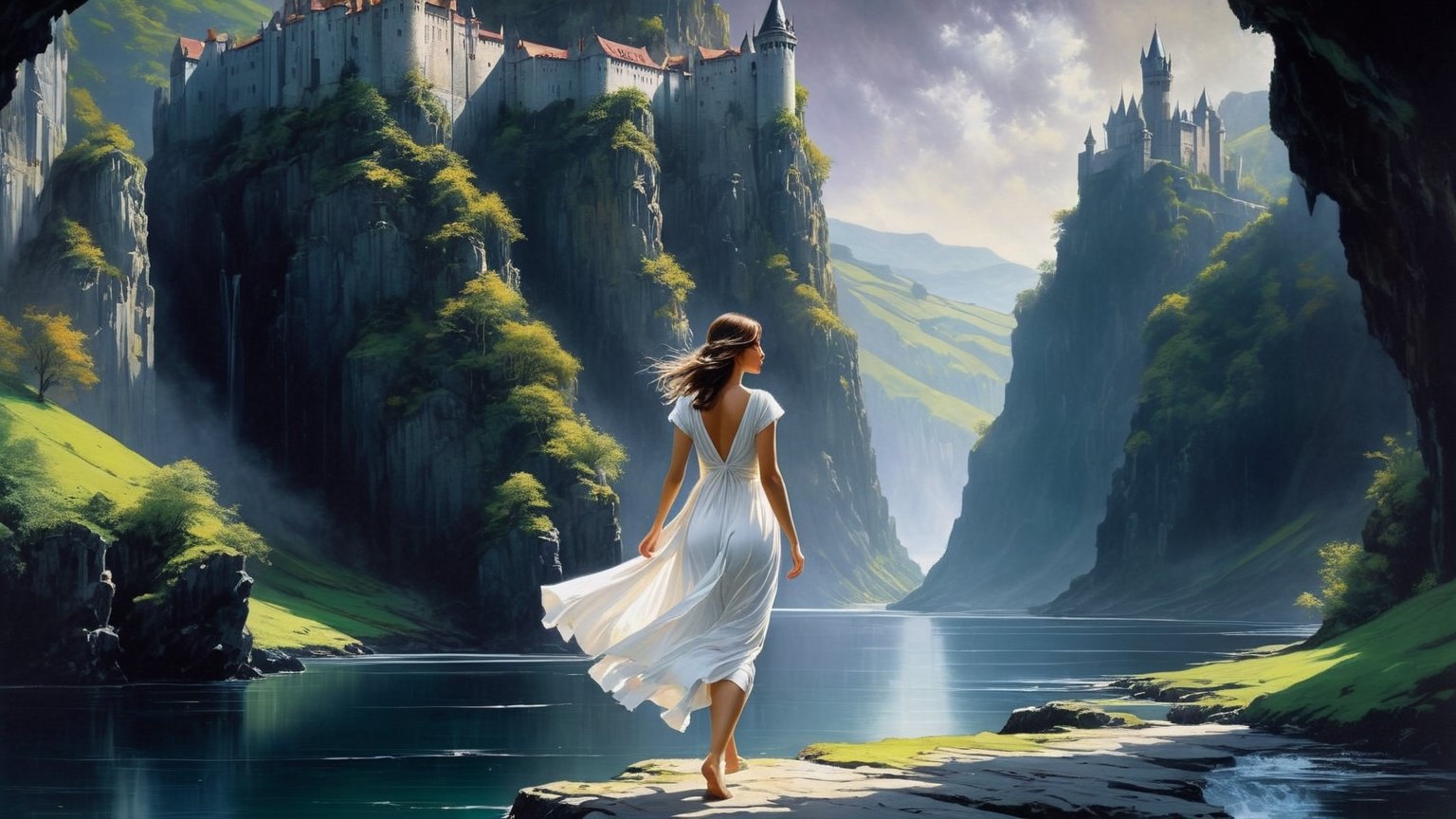 ""Dark romance fantasy,  a angelic woman wearing a white loose dress is walking towards the viewer,  full body head to toe...