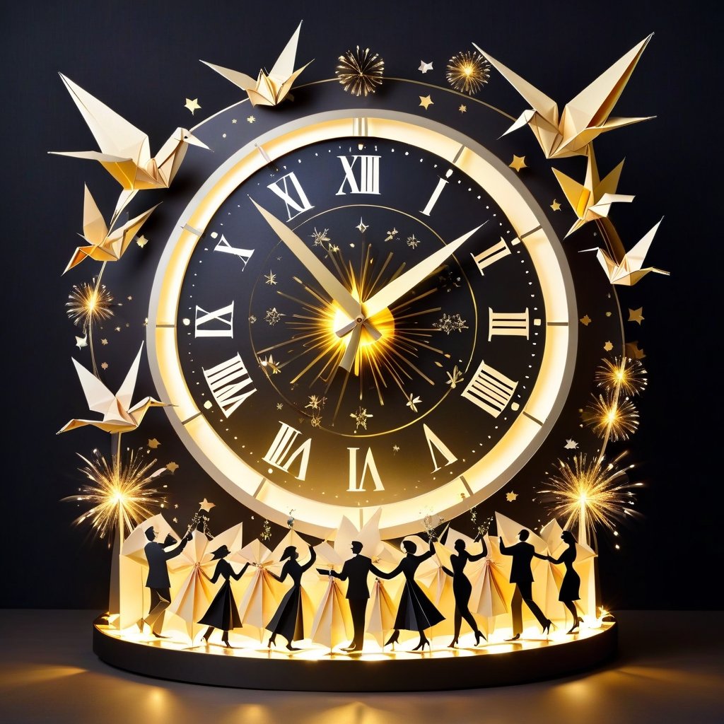 New years countdown clock with origami scenes surrounding it, passing time, new years celebration, people toasting champagne, beauty and memory and love and laughter and light