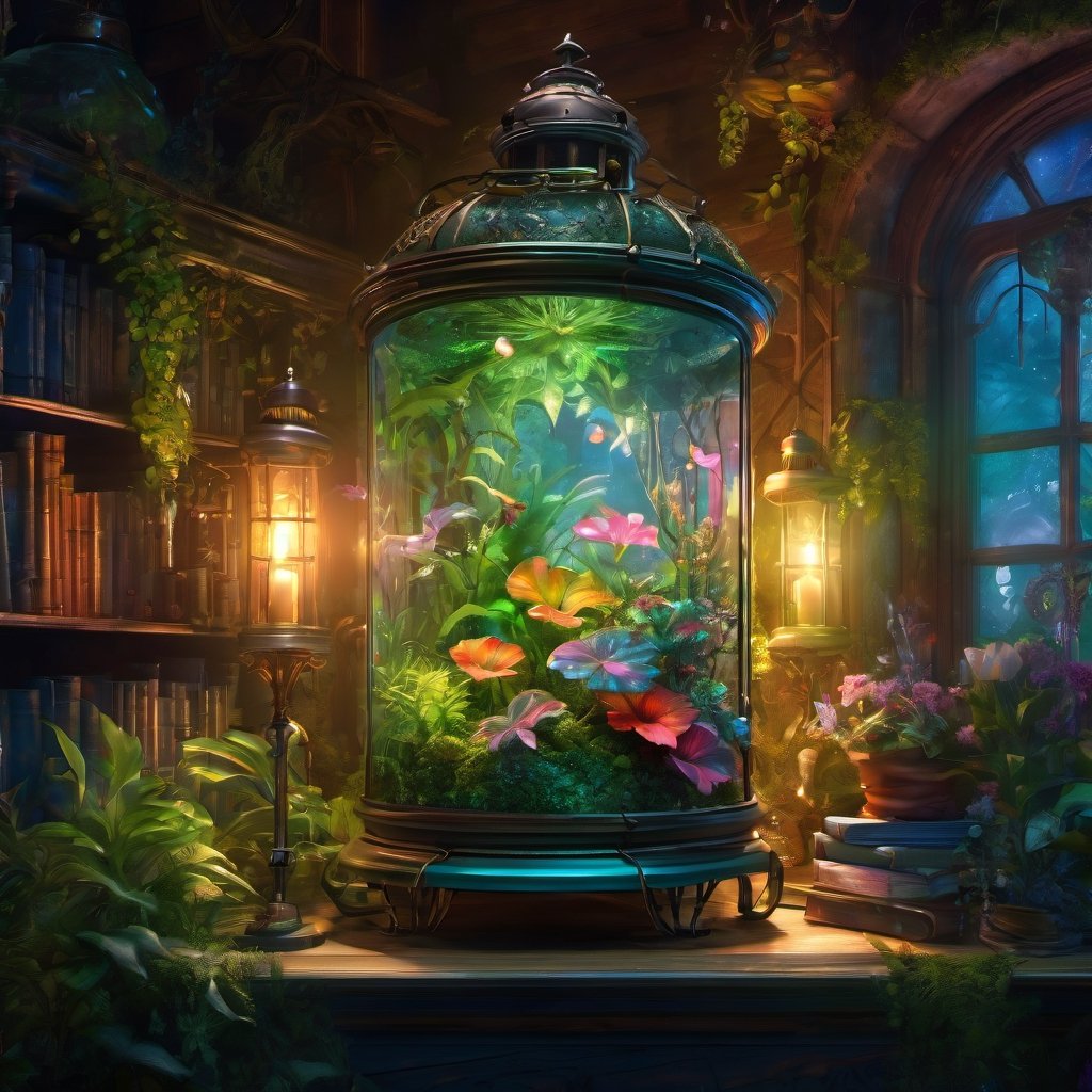 Lush fantasy Terrarium inside an old lantern,  breathtaking borderland fantasycore artwork by karol bak,  Android Jones by...