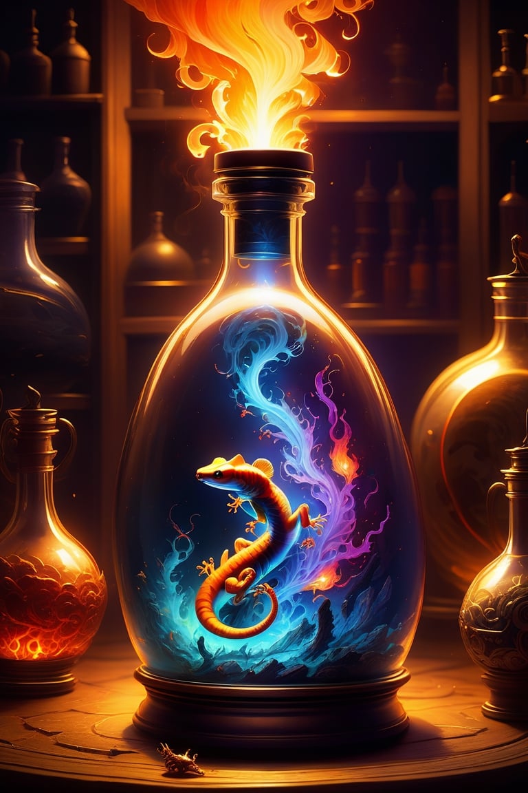 On fire!!! A fairytale illustration and Action painting,  "Trapped in a decorative bottle!!!" Contained in glass Is an eth...