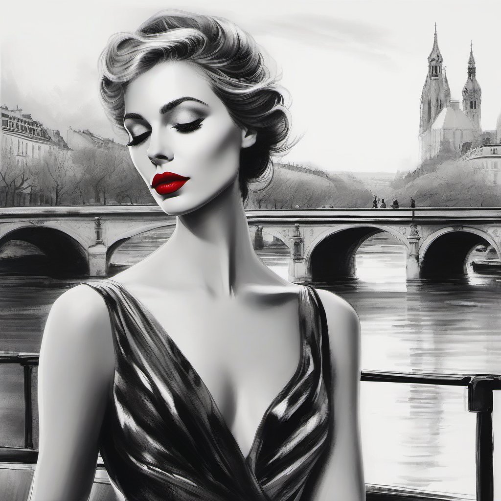 SelectiveColorStyle, b&w with spotcolor of red, ink stained wash painting. A fashion perfume model grey woman with her eyes closed. Shiny Red lipstick. Bridge overlooking the seine. Best quality with insane detail and sharp focus. Niji style