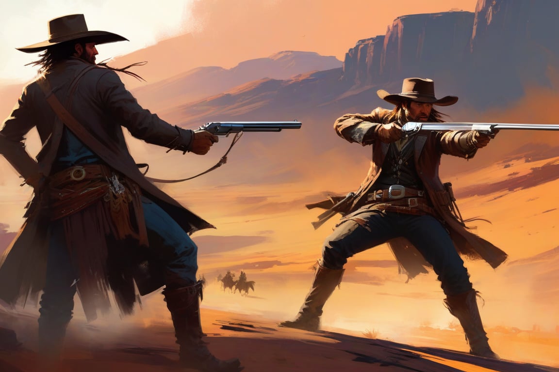 Action painting, concept art, a outlaw facing another putlaw, duel, wildwest, epic scene, textured brushwork, speedpaint, sparth, henrik sahlstrom
