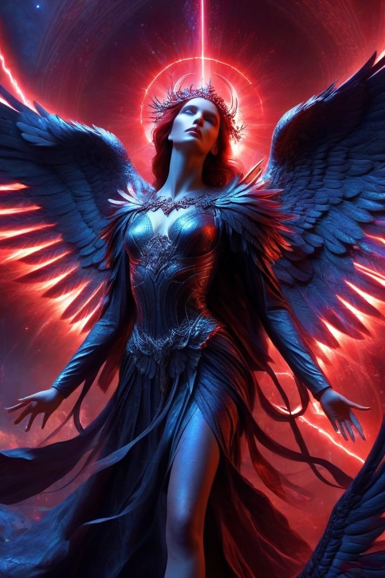 create fallen archangel,detailed angel wins, bloodlust, red glowy eyes, eerie, creepy, nightmarish, very bright colors, light particles, wallpaper art, cosmic energy,high detailed,Decora_SWstyle