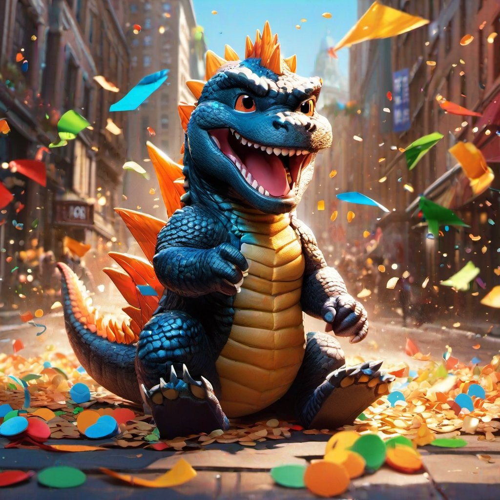 Close up of an adorable happybaby-godzilla playfully grabbing falling confetti, sitting on the floor with a cardboard city cutouts behind him, cute smile, painting by slawomir maniak and greg tocchini, sunny day, confetti, playing with confetti, humor illustration, UHD detailed matte painting, deep color, intricate detail, complementary colors, concept art, 8k, tilt, bokeh, playful