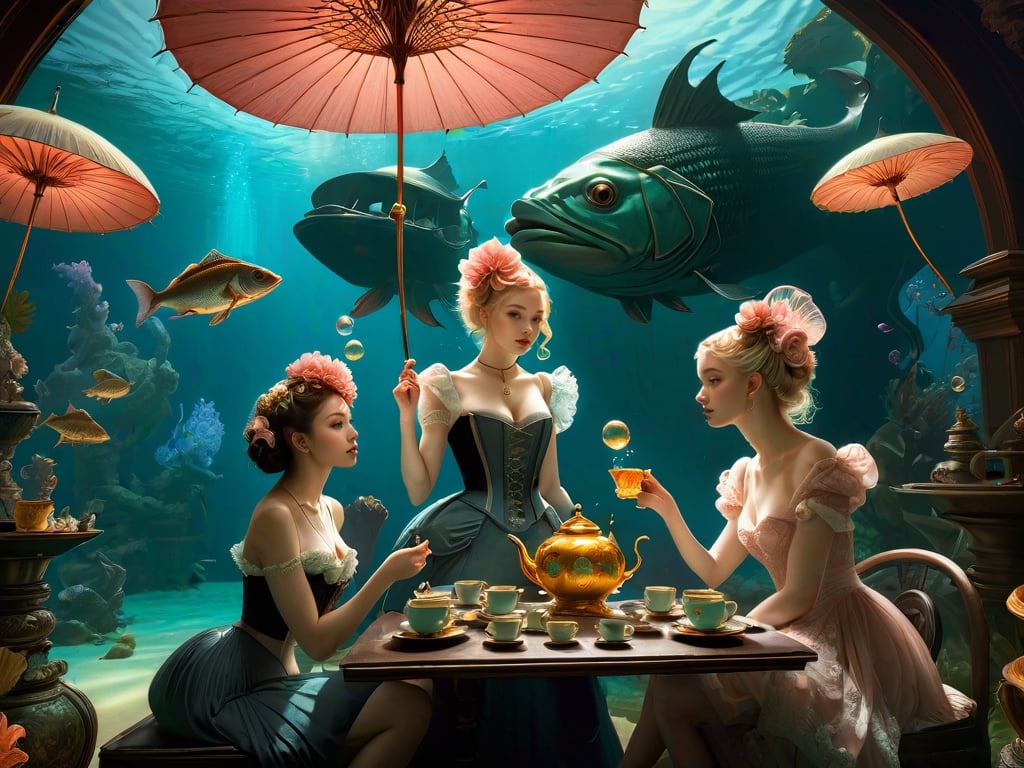 "Whimsical Tea party underwater while holding lacy parasols, group scene, art by Gil elvgren & James jean & bill sienkiewicz, Rembrandt, imaginative, dreamcore, high contrast, sharp focus, depth of field, detailed background, surreal fish, epic fantasy concept art, bubbles, luminous, hdr" ||
"detailed matte painting, deep color, fantastical, intricate detail, splash screen, complementary colors, fantasy concept art, 8k resolution trending on Artstation Unreal Engine 5"