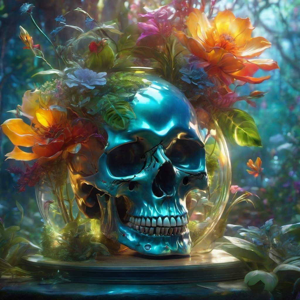 ((Glass-skull-terrarium!! Glowing flora inside!!)) breathtaking borderland fantasycore artwork by karol bak, Android Jones, Jean Baptiste monge, Alberto Seveso, Erin Hanson, Jeremy Mann. maximalist highly detailed and intricate professional_photography, a masterpiece, 8k resolution concept art, Artstation, triadic colors, Unreal Engine 5, cgsociety, ,skll