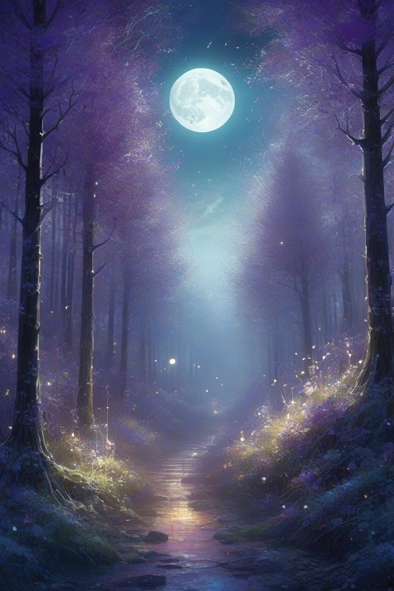 On a full moon night in a supernatural forest,  Metallic_Vexing_Violet_color,  magic by SometimesWitchy on Tensor.Art