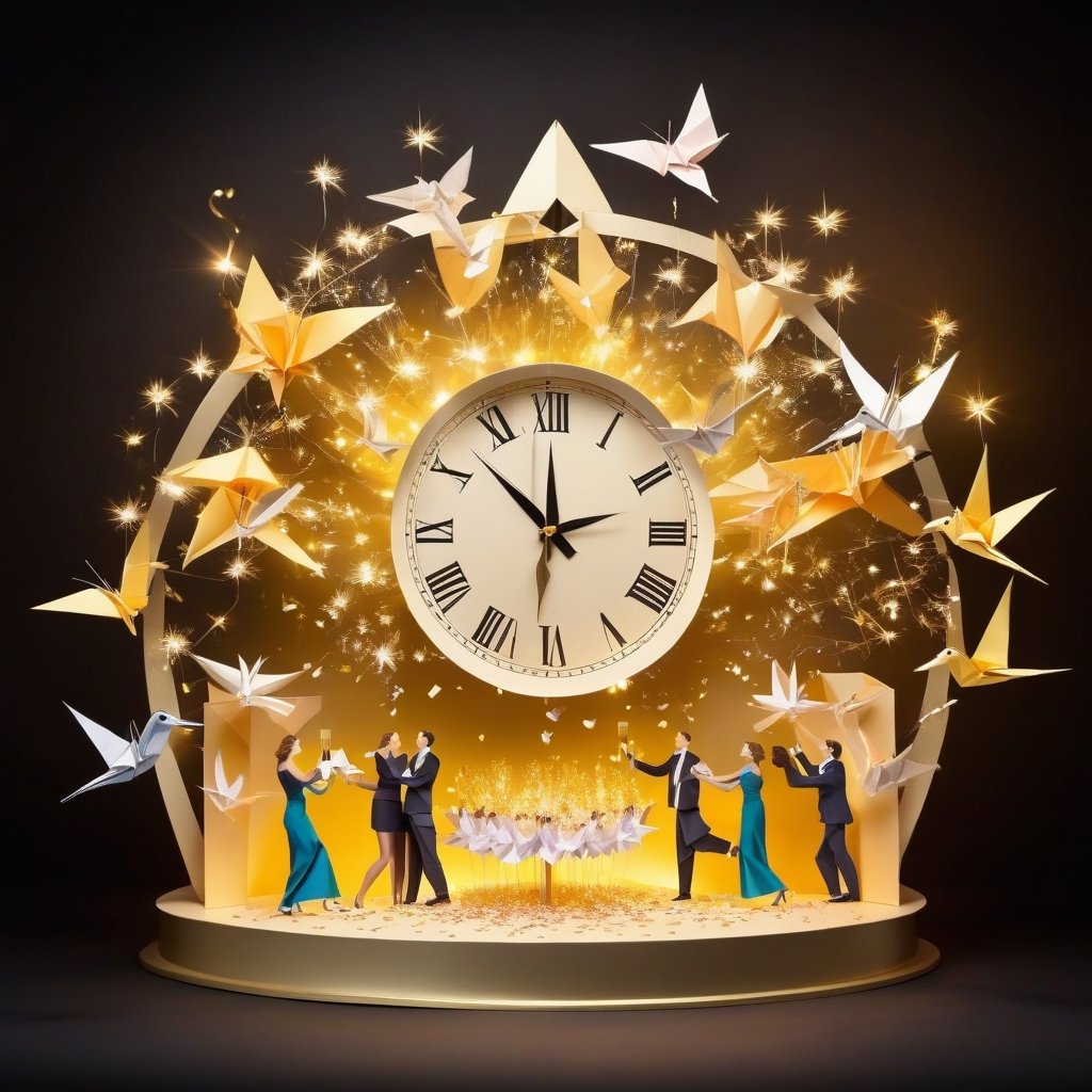 New years countdown clock with origami scenes surrounding it, passing time, new years celebration, people toasting champagne, beauty and memory and love and laughter and light