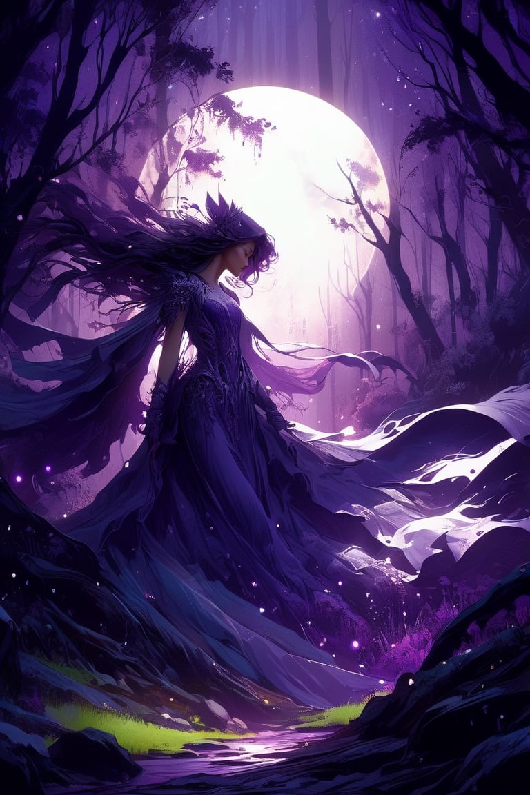 On a full moon night in a supernatural forest,  Metallic_Vexing_Violet_color,  magic by SometimesWitchy on Tensor.Art