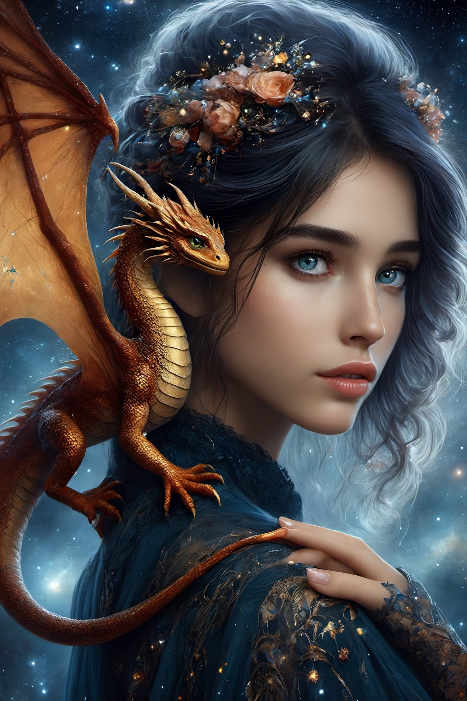 {{best quality}}, {{masterpiece}}, {{ultra-detailed}}, {illustration}, {detailed light}, {an extremely delicate and beautiful}, a girl holding a cute dragon, {beautiful detailed eyes}, stars in the eyes, messy floating hair, colored inner hair, Starry sky adorns hair, depth of field,detailed eyes, PetDragon2024xl, ,ink 