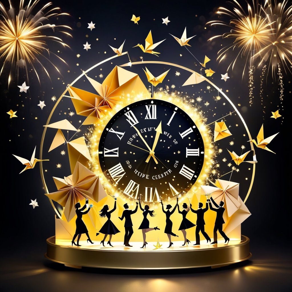 New years countdown clock with origami scenes surrounding it, passing time, new years celebration, people toasting champagne, beauty and memory and love and laughter and light