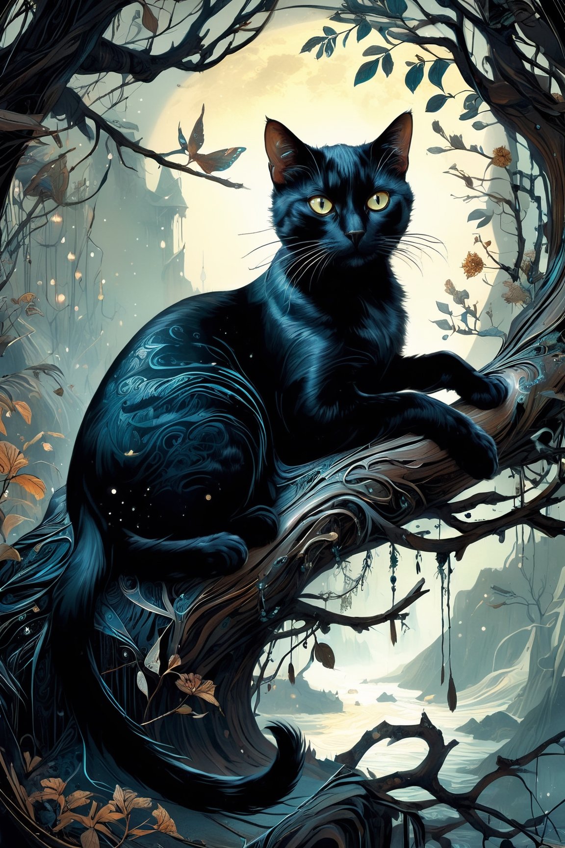 Detailed illustration of a regal black cat laying on a branch, very highly detailed, intricate, magnificent, fantasy art by Android Jones, Gil Elvgren, Carne Griffiths, Victo Ngai, Amanda Clark; Silver moonscape, fantasy concept art, 8k resolution, hyperdetailed matte painting