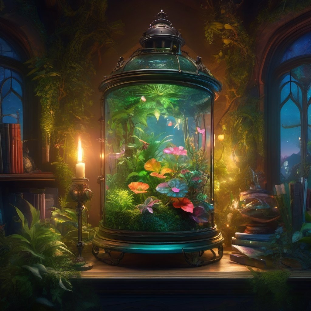 Lush fantasy Terrarium inside an old lantern, breathtaking borderland fantasycore artwork by karol bak, Android Jones, Jean Baptiste monge, Alberto Seveso, Erin Hanson, Jeremy Mann. maximalist highly detailed and intricate professional_photography, a masterpiece, 8k resolution concept art, Artstation, triadic colors, Unreal Engine 5, cgsociety, 