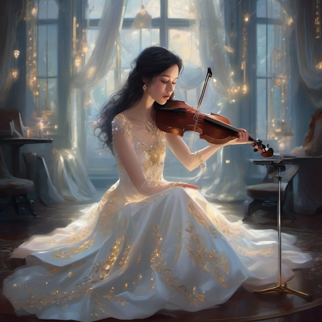 A serene, dimly lit studio setting with a gleaming black wooden floor and soft, white velvet curtains. The woman's glass cello body glows warmly from within, illuminated by subtle, golden lighting. Musical notes and intricately shaped instruments are suspended within the transparent crystal interior, refracting light into a kaleidoscope of colors. Her arms extend from her shoulders, delicately holding a bow as she prepares to play the ethereal instrument.