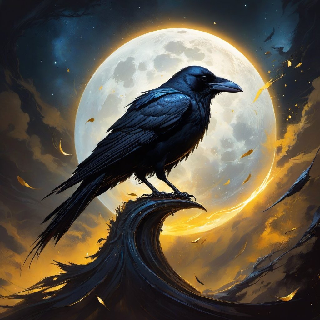 impactful and captivating tarot art painting of a crow hit by a golden arrow falling from the sky in front of a halo-like full moon shape. Gold and black metal. Concept art with rough texture and 2D abstraction inspired by styles like Anato Finnstark, Casper Konefal, Godmachine, and Olly Moss. Inspired by tarot art, Artstation, sots art, Valentina Remenar, Benjamin Vnuk, album artwork, artbook artwork. Influenced by Beth Cavener, Glen Keane, and Charlie Bowater, CGSociety. Beautiful dark fantasy horror. Detailed digital illustration, character design.