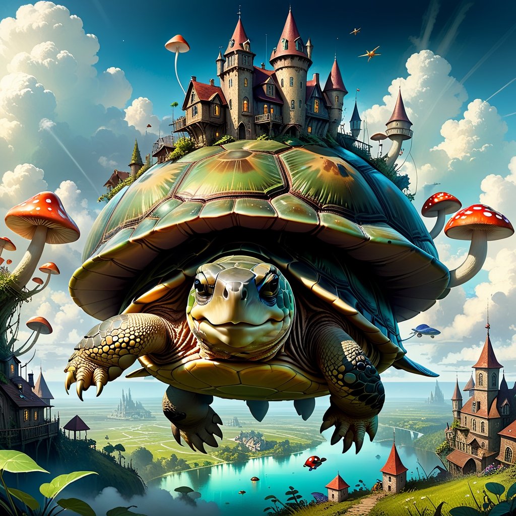 Some pixies!! 🧚🧚‍♀️ Are flying towards a "tortoise!🐢 with a miniature fairy_mushroom_city_village🍄🏙️ sitting on its shell"!!, giant turtle above the clouds, breathtaking borderland fantasycore artwork by Android Jones, Jean Baptiste monge, Alberto Seveso, Erin Hanson, Jeremy Mann. maximalist highly detailed and intricate professional_photography, a masterpiece, 8k resolution concept art, Artstation, triadic colors, Unreal Engine 5, cgsociety, adorable surreal fantasy