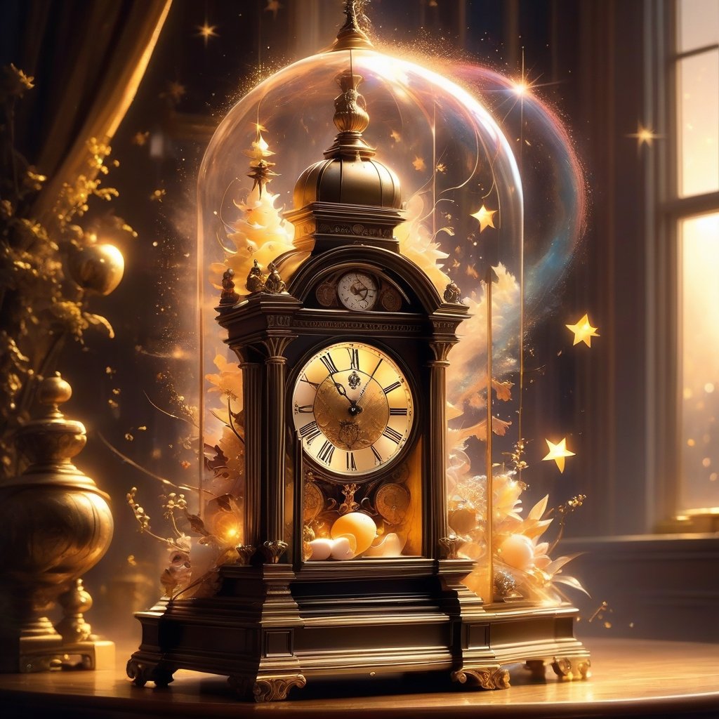 New years countdown, renewal, happy new year 2024, fireworks and champagne || the anticipation and excitement leading up to the stroke of midnight on New Year's Eve perfectly captured forever,, "Miniature mice looking at the moon and new year's eve night fireworks" Rococo, delicate, cute sitting inside a ((grandfather clock near a window)), champagne and cheese, light particles flying around inside, clock counting down to midnight! beautiful digital illustration by yoshitaka amano, dan mumford, Nicolas delort, jeff koons, photorealism, crisp, UHD, fantasy, gorgeous linework, a complex and intricate masterpiece, cel-shaded, detailed_fantasy_background, hyperdetailed; by Kim Keever Antoine Collignon Wadim Kashin Tim Burton Peter Mohrbacher, realism; incredible composition; dynamic_lighting; meticulously composed concept art, fascinating_stars, masterpiece, mystic fog, digital illustration, Reflections, Volumetric_lighting, subsurface scattering