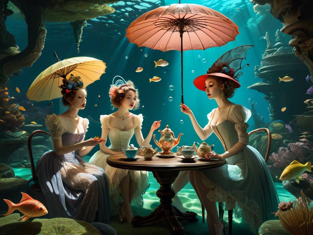 "Whimsical Tea party underwater while holding lacy parasols, group scene, art by Gil elvgren & James jean & bill sienkiewicz, Rembrandt, imaginative, dreamcore, high contrast, sharp focus, depth of field, detailed background, surreal fish, epic fantasy concept art, bubbles, luminous, hdr" ||
"detailed matte painting, deep color, fantastical, intricate detail, splash screen, complementary colors, fantasy concept art, 8k resolution trending on Artstation Unreal Engine 5"