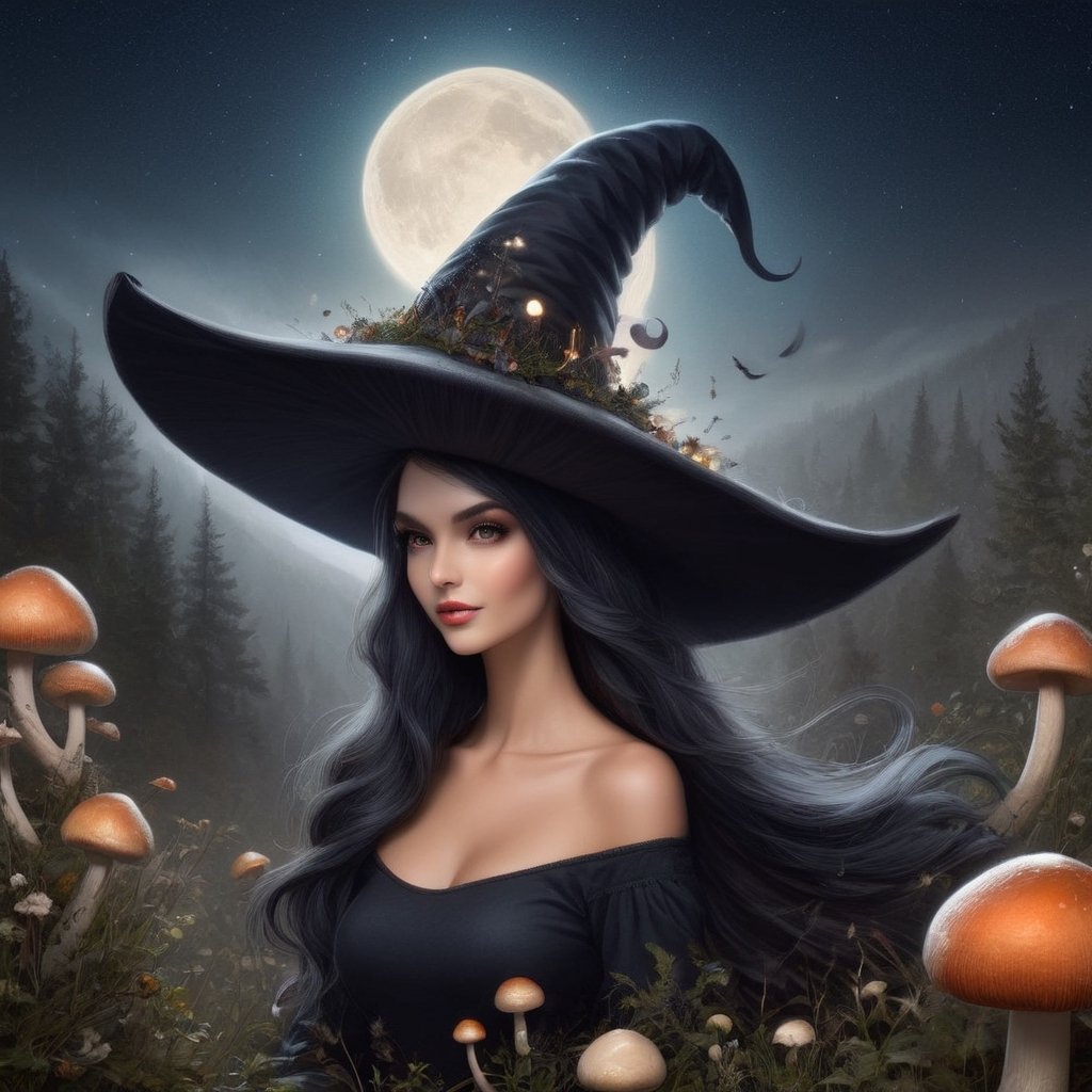 A beautiful witch stagazing on a hill at night, black hair, dreamy epic starry sky, Wearing a inkycapwitchyhat made from a single coprinus comatus mushroom cap, textured, painting,Decora_SWstyle,photo_b00ster