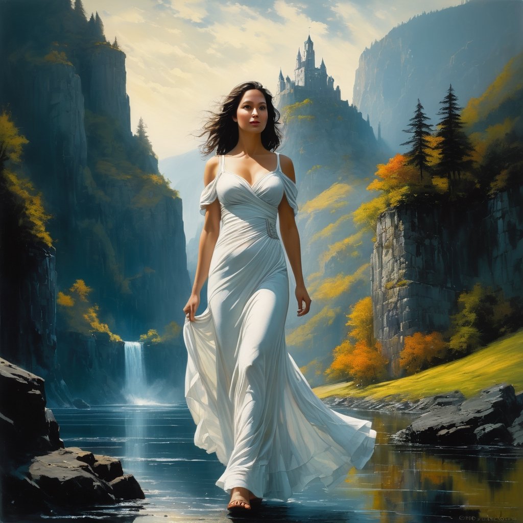 ""Dark romance fantasy,  an angelic mature woman wearing a white loose dress is walking towards the viewer!! full body hea...
