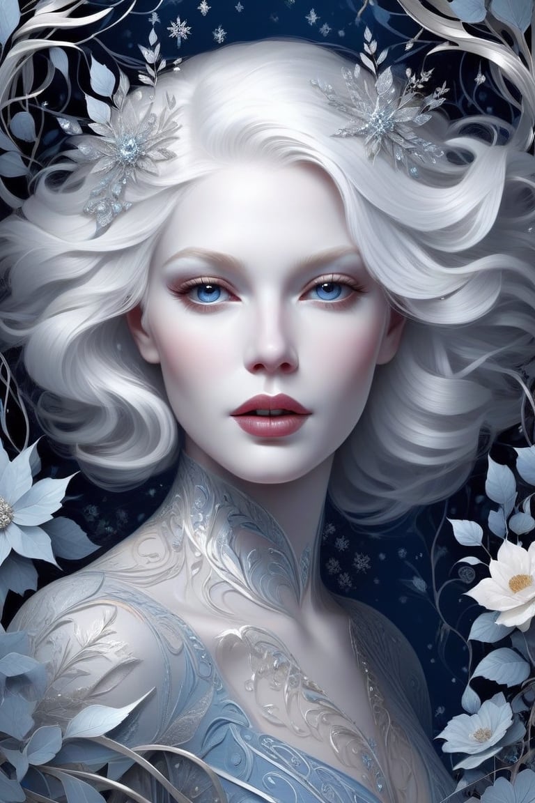 Ghostly woman, extremely white skin, albino hair, light grey eyes, flowers and vines, ((midshot)), silver accents, ice queen, icy diamonds, glossy lips, snowflakes, frosted, blue lips, ultra sharp focus, ultra clear, ultra fine, art deco patterns bold-gold-lines flat-shapes, vector painting