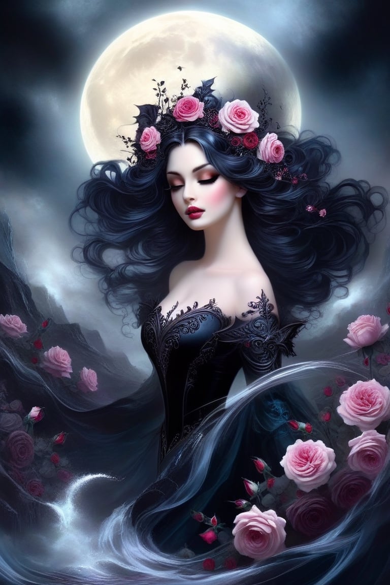 Gothic fairytale, paint flow, elegant, haloed by the moon, roses, swirling lines, Decora_SWstyle