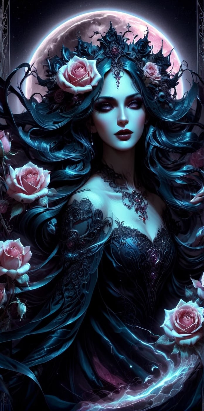 Gothic fairytale, paint flow, elegant, haloed by the moon, roses, swirling lines, abstraction, conceptual, realistic face, beautiful, Decora_SWstyle,DarkSynth