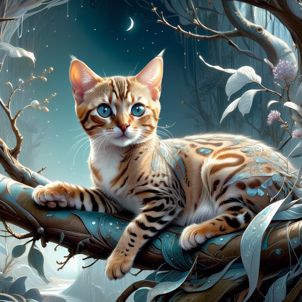 Detailed illustration of a regal bengal kitten laying on a branch, very highly detailed, intricate, magnificent, fantasy art by Android Jones, Gil Elvgren, Carne Griffiths, Victo Ngai, Amanda Clark; Silver moonscape, fantasy concept art, 8k resolution, hyperdetailed matte painting