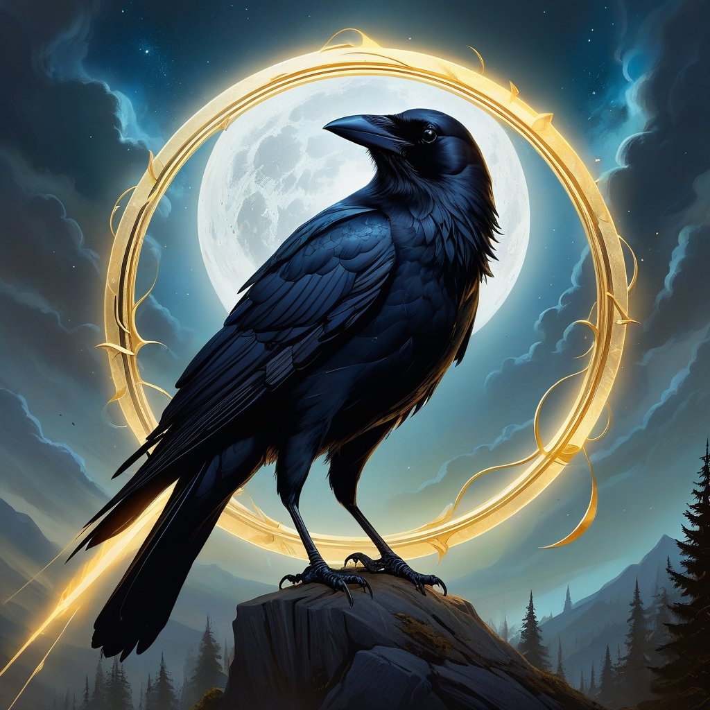 impactful and captivating tarot art painting of a crow hit by a golden arrow falling from the sky in front of a halo-like full moon shape. Gold and black metal. Concept art with rough texture and 2D abstraction inspired by styles like Anato Finnstark, Casper Konefal, Godmachine, and Olly Moss. Inspired by tarot art, Artstation, sots art, Valentina Remenar, Benjamin Vnuk, album artwork, artbook artwork. Influenced by Beth Cavener, Glen Keane, and Charlie Bowater, CGSociety. Beautiful dark fantasy horror. Detailed digital illustration, character design.