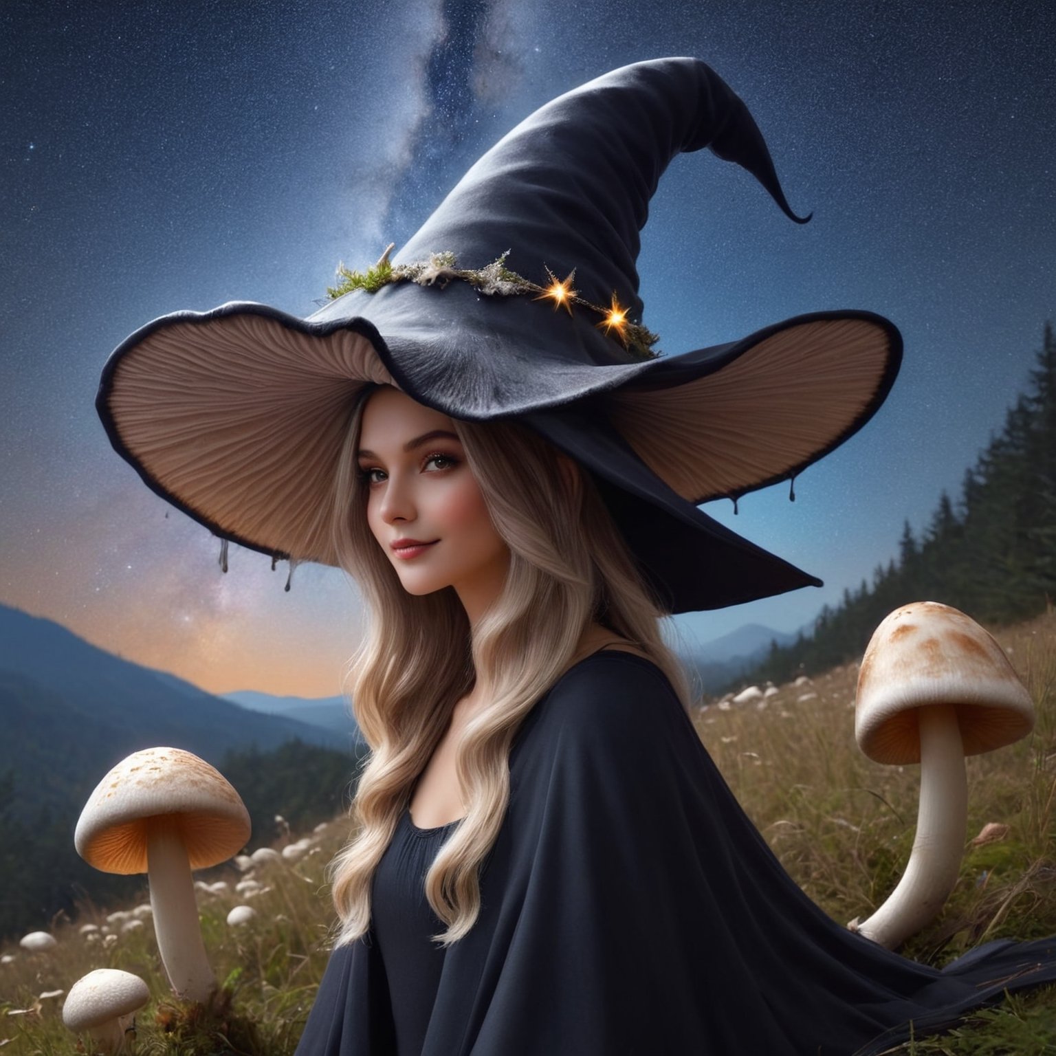 A beautiful witch stagazing on a hill at night, dreamy epic starry sky, Wearing a inkycapwitchyhat made from a single coprinus comatus mushroom cap, textured, painting,Decora_SWstyle,photo_b00ster