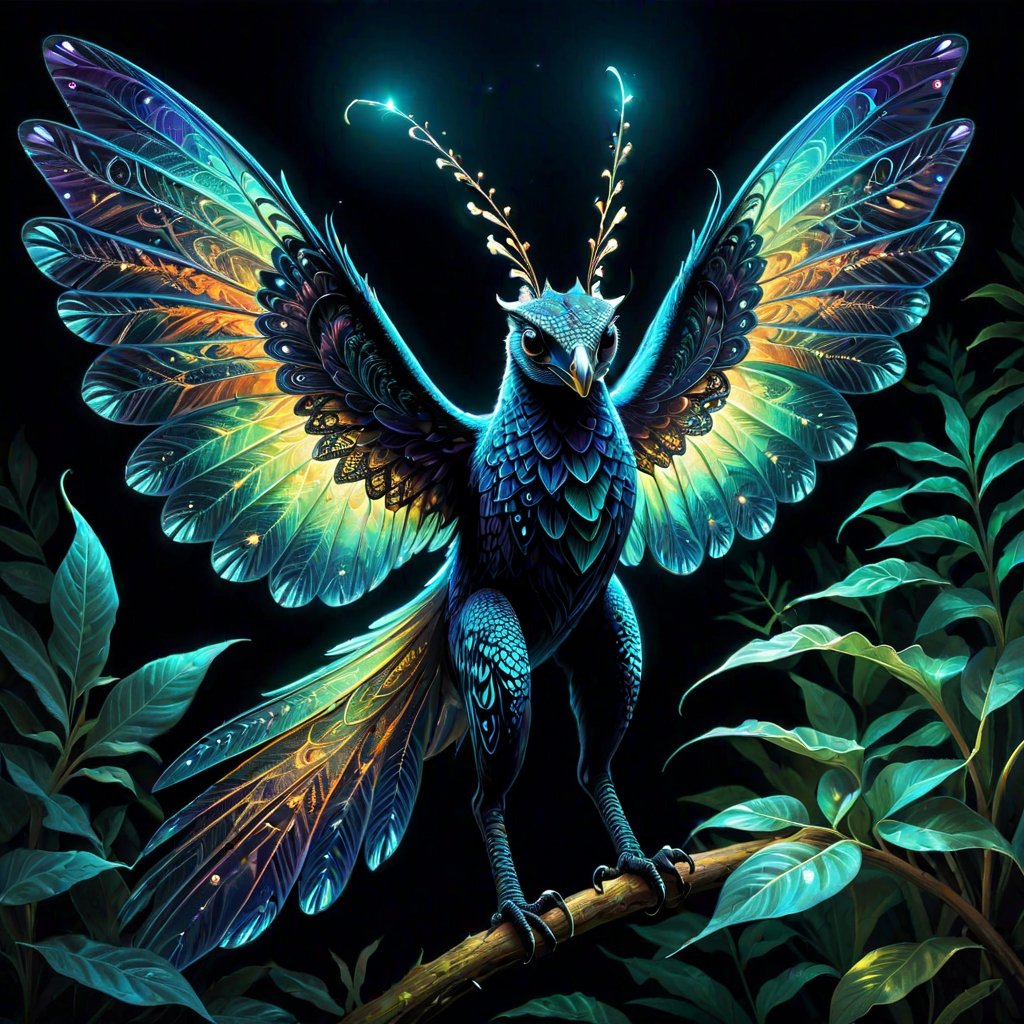 In a mesmerizing concept art piece, a majestic, endangered creature of enchantment comes to life. Through intricate line art, a mythical bioluminescent species is portrayed, its delicate and luminous features captured in stunning detail. The exquisite painting showcases a harmonious blend of vibrant hues and delicate tracery, illuminating the intricate patterns that adorn the creature's iridescent wings. Its large, soulful eyes glow with a captivating otherworldly radiance, accentuated by its velvety midnight-black fur that seems to absorb and reflect light simultaneously. This extraordinary image invites viewers to witness the ethereal beauty of this rare species, subtly hinting at the urgency to protect and preserve such magical wonders of the natural world.