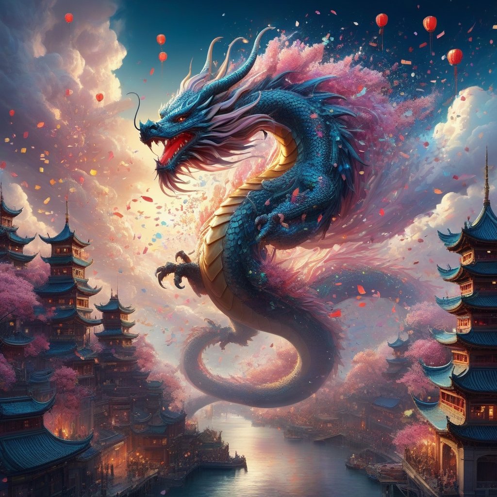 in dreamy soft hues, aesthetic fantasycore art, "cute adorable cloud-dragon turning into confetti confetti falling, flying iver a city on chinese new year" fairytale concept art, by Alberto Seveso, Cyril Rolando, Dan Mumford, Carne Griffiths, beautiful whimsical, showcase intricate designs, by Ivan Bilibin and peter mohrbacher, anna dittman and james jean, nicolas delort and yoshitaka amano and dan mumford, character design, digital illustration, awesome background, 8k resolution , Mysterious, Meaningful Visual Art, Detailed Strange Painting, Digital Illustration, Unreal Engine 5, 32k maximalist, hyperdetailed fantasy art, 3d digital art, sharp focus, masterpiece, fine art, impossible dream,DragonConfetti2024_XL