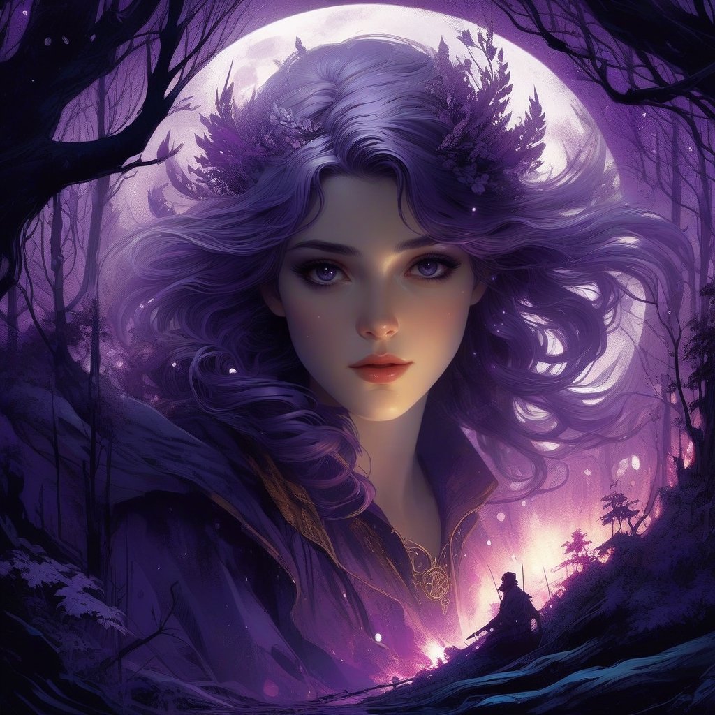 On a full moon night in a supernatural forest,  Metallic_Vexing_Violet_color,  magic by SometimesWitchy on Tensor.Art