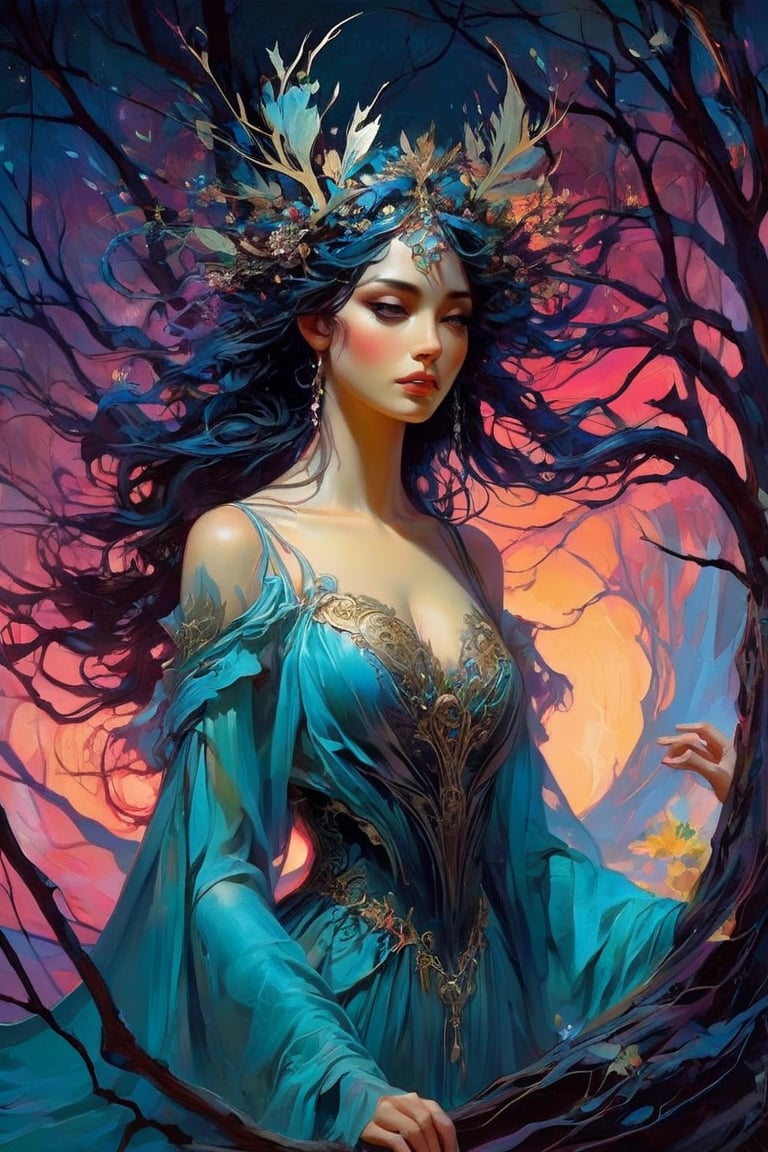 (Hauntingly beautiful gothic fairy), twisted tree branches, lunar eclipse; Ben Bauchau, Michael Garmash, Daniel F Gerhartz, Clint Cearley, Carne Griffiths, Jean Baptiste Monge, Alphonse Mucha, dreamy moonlighting, matte background, volumetric lighting, pulp adventure style, fluid acrylic, dynamic gradients, bold color, highly detailed, simple, smooth and clean vector curves, no jagged lines, vector art, smooth, johan grenier, character design, 3d shadowing, fanbox, cinematic, ornate motifs, elegant organic framing, hyperrealism, posterized, masterpiece collection, bright lush colors, TXAA, penumbra, alcohol paint, wet gouache,Girl