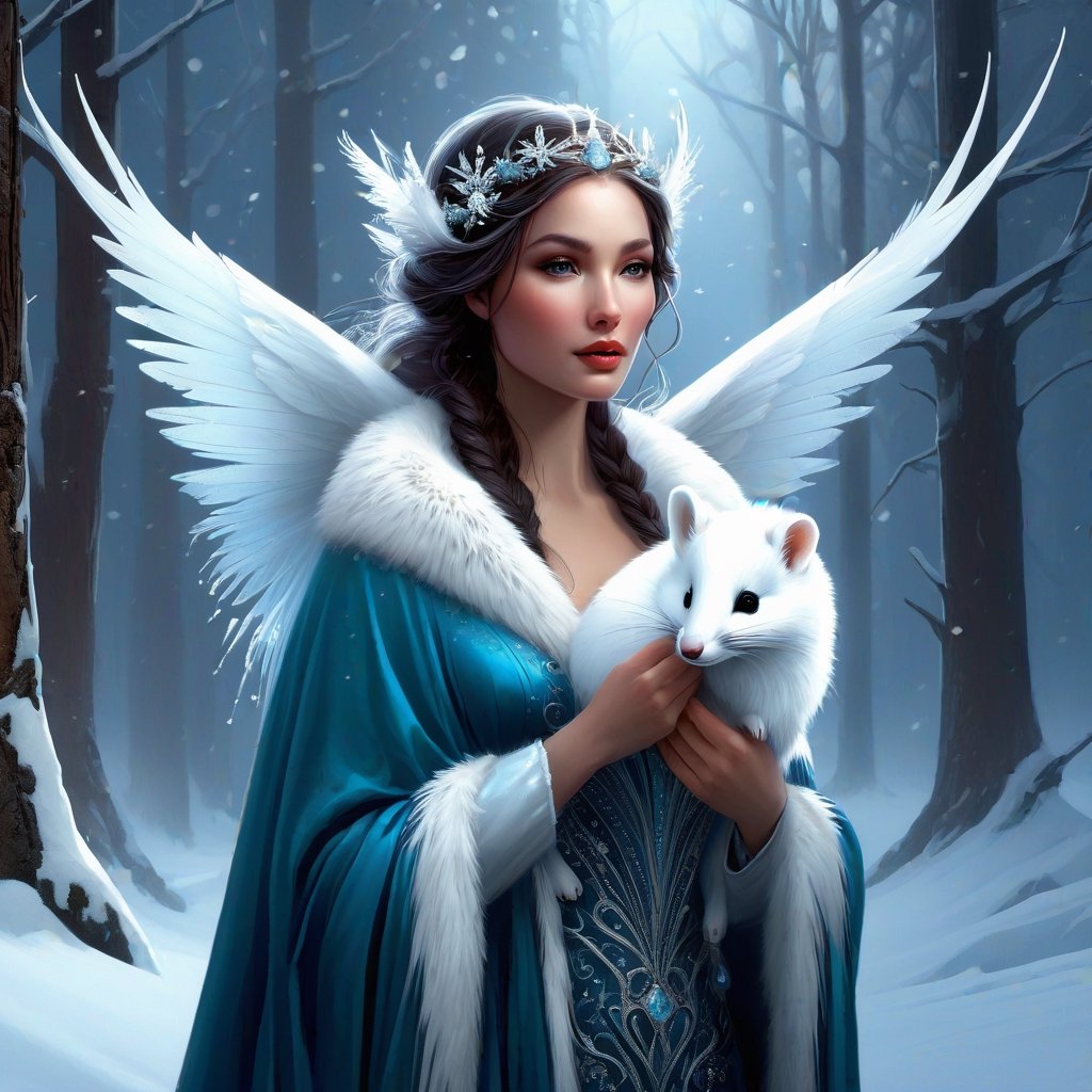 beautiful ice faerie, snow fae, holding white ermine, elaborate winter scene, arctic animals, icicles, ice fractals, windy, cold, Hyperrealistic digital painting, dynamic scene, hauntingly beautiful art, ross tran and lois van baarle and abigail larson and bastien lecouffe deharme, charlie bowater, ilya repin, detailed matte painting, deep color, fantastical, intricate detail, splash screen, complementary colors, fantasy concept art, 8k resolution trending on Artstation Unreal Engine 5, da vinci, lou xaz, cgsociety