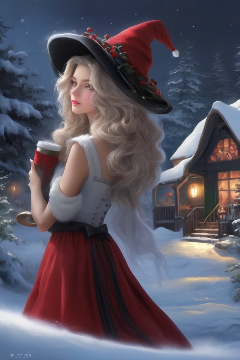 ((Ultra-detailed)) portrait of a beautiful wintermelancholia witch walking through the snow, leaving footprints in the snow, wispy skirt hem dragging through the snow, wearing a \(inkycapwitchyhat\) with white drips on the brim, detailed exquisite face,hourglass figure,model body,playful smirks,(dreamy opalescent snow shimmer, snow particles)
BREAK
(backdrop: a dreamy winter wonderland, castle ruins covered in snow, distant building with lights in the windows)
BREAK
Ultra-Detailed,(sharp focus,high contrast:1.2),8K,trending on artstation,cinematic lighting, abigail larson and magali villeneuve, by Karol Bak,Alessandro Pautasso and alberto seveso, Hayao Miyazaki, todd lockwood, sabbas apterus and yoshitska amano, rob gonsalves winter art, inkycapwitchyhat,photo_b00ster,real_booster,w1nter res0rt